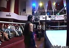 the hooded wrestler after his match sucking on her cunt